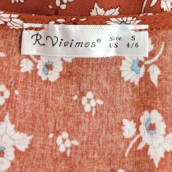 R Vivimos Wrap Dress Women's Small Rust Orange Brown Boho Floral Abstract Midi - Picture 5 of 8